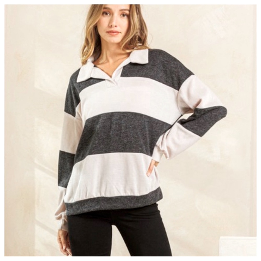 29 Boho Color Block Stretch Collared Top